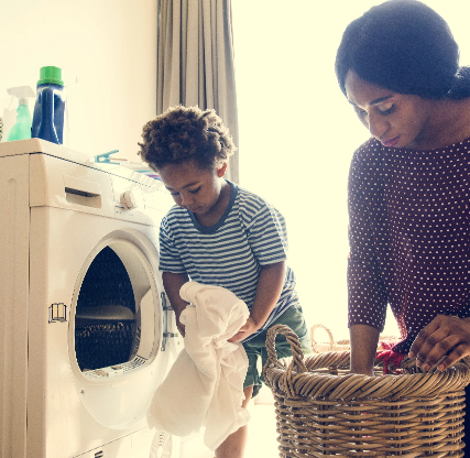 Mother and son doing housework